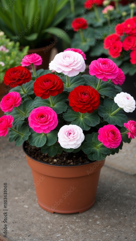 Geranium Annual flowering plant with large rounded flowers in red pink or white often in pots