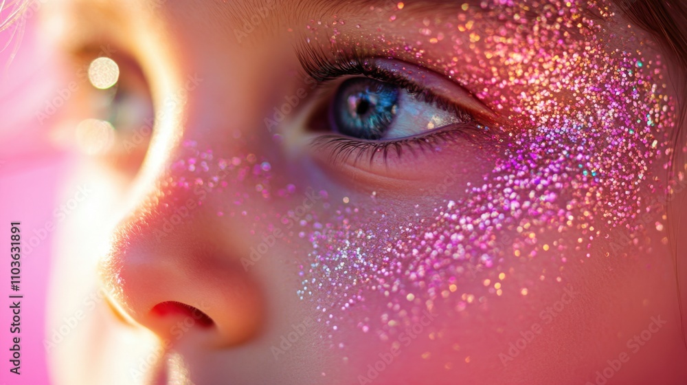 Artistic shot of a child face with shimmering glitter makeup, captured during application against a lively pink setting. Artistic shot of a child face with shimmering glitter makeup, captured during application against a lively pink setting.
