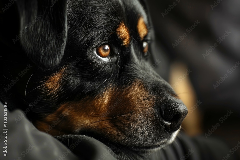 Beautiful rottweiler resting its head, showing affection and loyalty Beautiful rottweiler resting its head, showing affection and loyalty