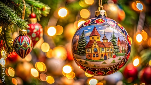 Handmade Painted Christmas Ball with Nuremberg Market Motif Captured in Rule of Thirds, Showcasing Festive Colors and Intricate Details for Holiday Decor Inspiration