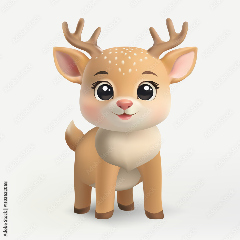 Obraz premium A 3D cute reindeer character with a pink nose, standing and smiling. Designed in a cartoon style, perfect for Christmas, banners, cards, winter decorations, posters, and holiday fliers. Not AI.
