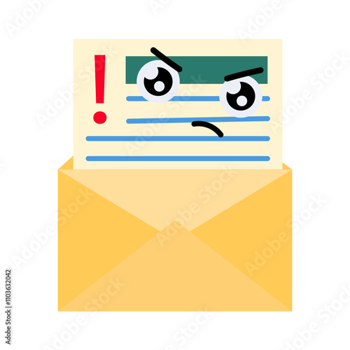 Warning note, letter in an envelope, an evil face.Vector simple color flat illustration.