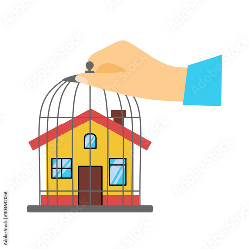 House in a cage, a hand holding a cage. Confiscation a house. Vector simple color flat illustration.