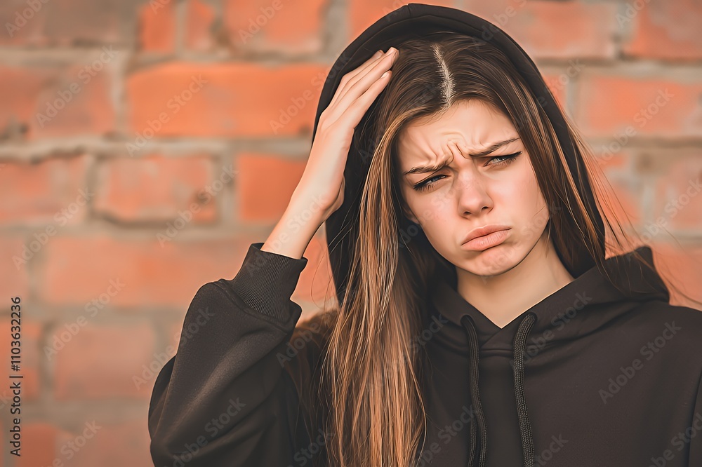Naklejka premium A young woman with long hair looks confused, touching her head against a brick wall backdrop.