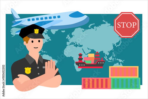 Embargo. Policeman and world map. Vector simple color flat illustration.