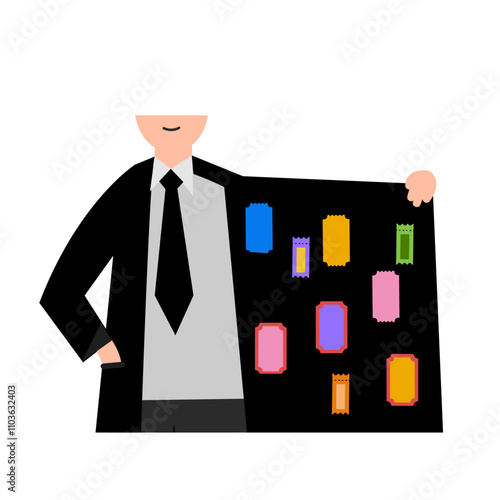 Shady profiteering selling tickets. Shady speculative ticket sales. Vector simple color flat illustration.