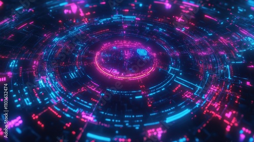 A close-up of a glowing network hub connecting various points on a digital globe; neon art style, electric blue and magenta, futuristic lighting