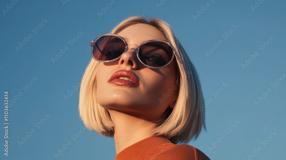 Blonde woman with sleek bob and oversized sunglasses, exuding confidence and style against a clear, vivid blue sky. Blonde woman with sleek bob and oversized sunglasses, exuding confidence and style against a clear, vivid blue sky.