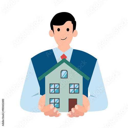 Man holds a house in his hands. Vector simple color flat illustration.