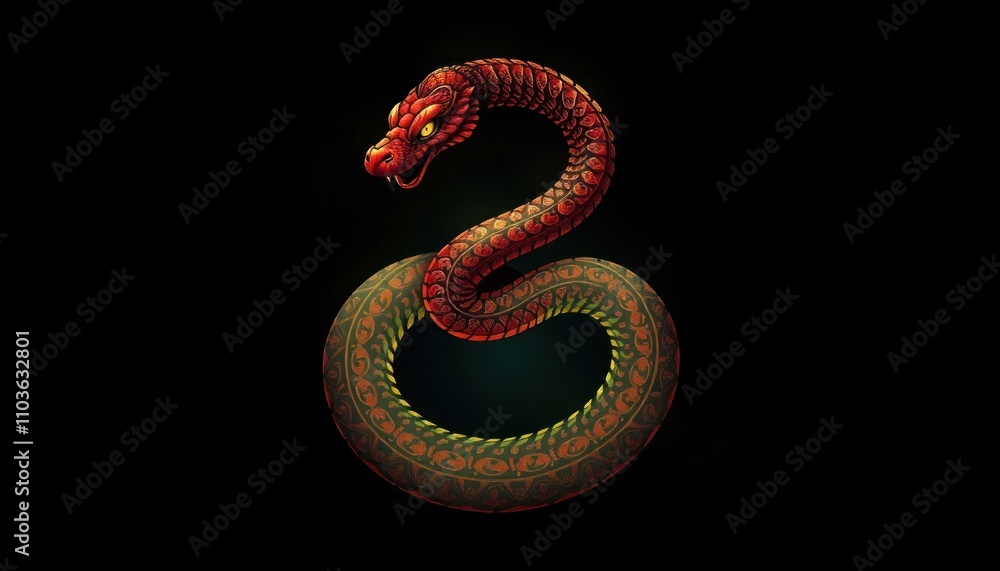 Obraz premium Striking Red Cobra Artwork: Captivating Visual of a Circular Snake Design, Perfect for Branding, Merchandise, or Artistic Displays in Gaming and Wildlife Themes