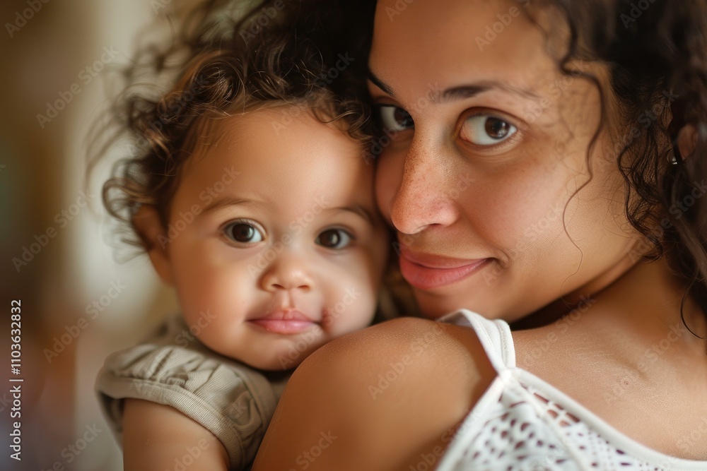 Mother holding her baby daughter, smiling and looking at camera Mother holding her baby daughter, smiling and looking at camera