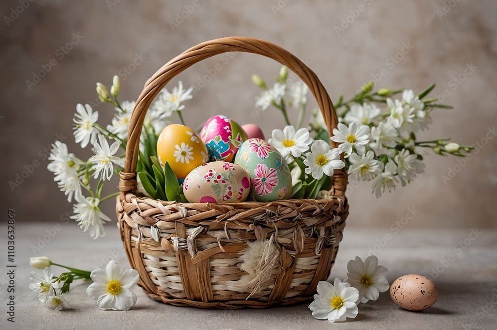 a_wooden_basket_filled_with_decorated_easter a_wooden_basket_filled_with_decorated_easter