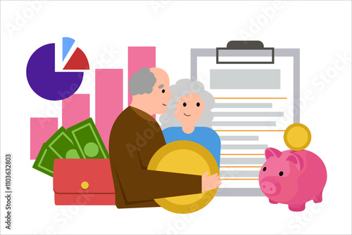 Retirement conditions. Retirement planning, retirees and cash savings. Vector simple color flat illustration.