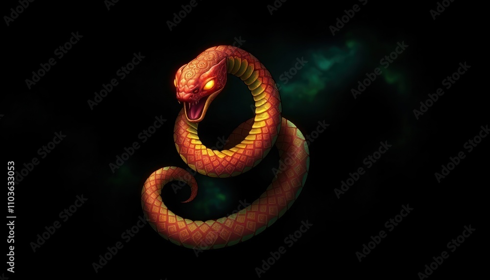 Fototapeta premium Striking Red Cobra Artwork: Captivating Visual of a Circular Snake Design, Perfect for Branding, Merchandise, or Artistic Displays in Gaming and Wildlife Themes