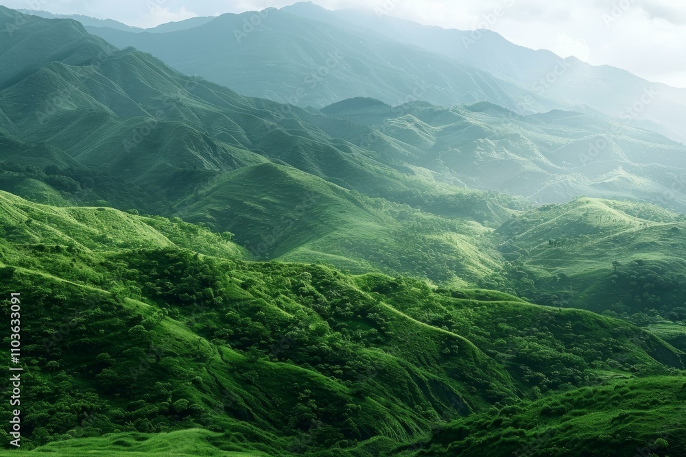 Fototapeta premium Lush green mountains stretching into the distance under cloudy sky