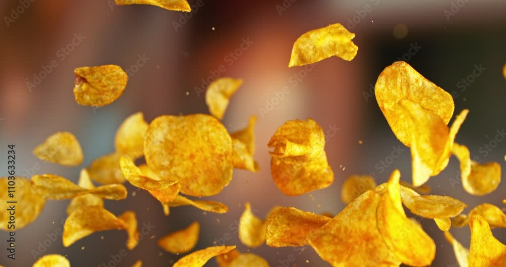 Super Slow Motion of Flying Fried Pepper Potatoes Chips. Abstract Blur Interior on Background. Filmed on High Speed Cinema Camera , 1000fps. Speed Ramp Effect. Super Slow Motion of Flying Fried Pepper Potatoes Chips. Abstract Blur Interior on Background. Filmed on High Speed Cinema Camera , 1000fps. Speed Ramp Effect.