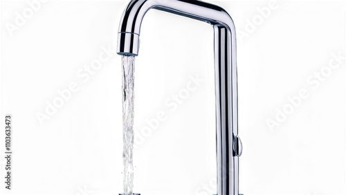 Water flowing from a chrome faucet into a sink transparent background