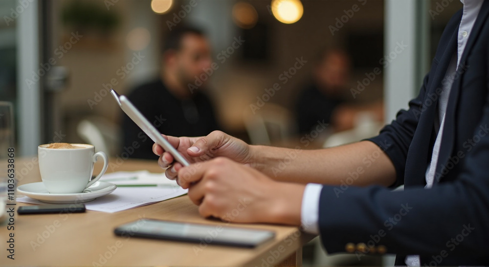 person using tablet computer in cafe person using tablet computer in cafe
