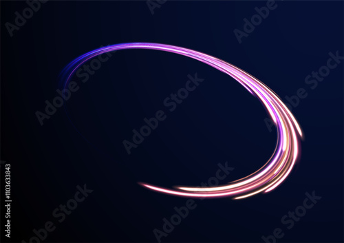 Speed of light concept background. Abstract background rotational border lines, png, effect, wave,neon,line. Neon stripes in the form of drill, turns and swirl. 