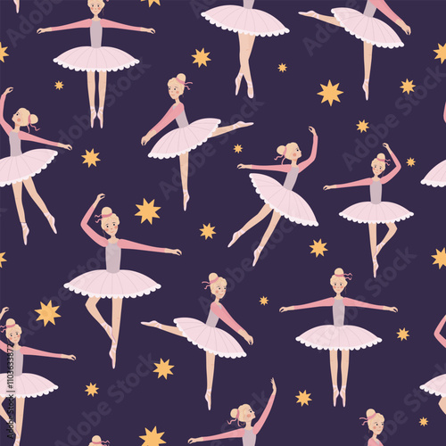 Winter pattern with little ballerinas and stars on violet background. Endless vector texture. Print for women's and kids wear, home textile, greeting, wrapping paper