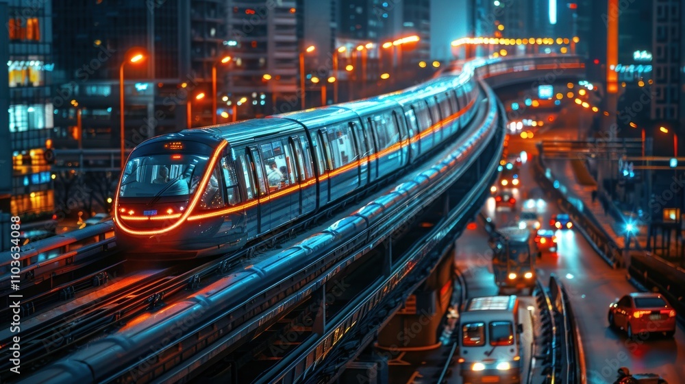 A futuristic monorail glides through a vibrant cityscape at night. A futuristic monorail glides through a vibrant cityscape at night.