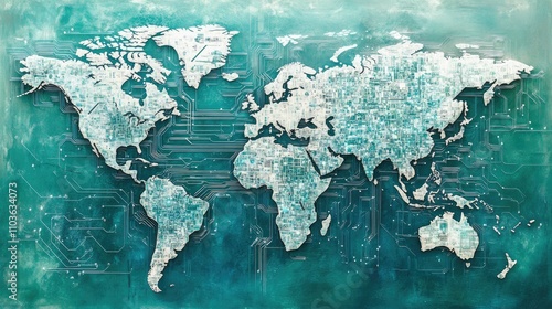 A conceptual world map with holographic layers representing digital networks, circuits, and connections; mixed-media, glowing teal and white, fine detail