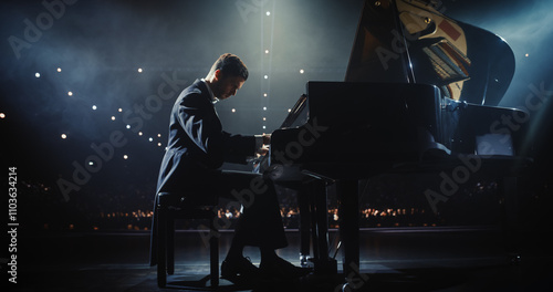 Fototapet Young Pianist Playing Academic Music, Performing Classical Solo Compositions on Stage