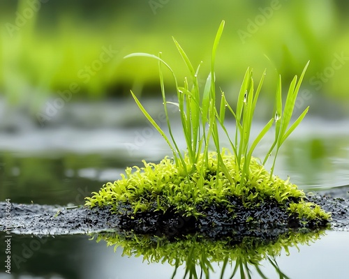 Fresh Green Grass and Moss on Water Surface photo