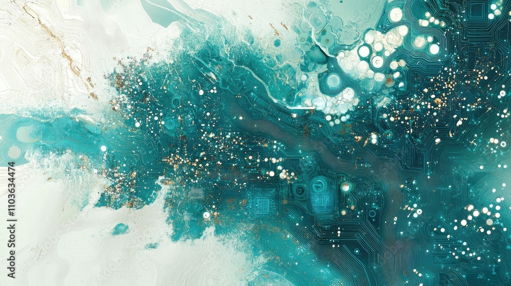 Fototapeta premium A conceptual world map with holographic layers representing digital networks, circuits, and connections; mixed-media, glowing teal and white, fine detail