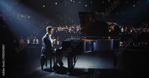 Konstfotografi On a Dimly Lit Concert Stage, Male Pianist Delivers an Emotional Improvisation on a Grand Piano