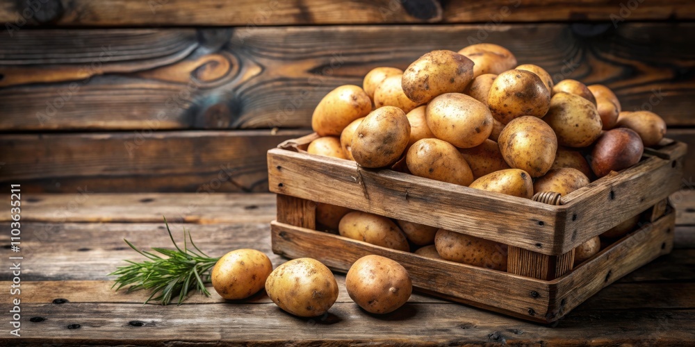 Fresh potatoes in a rustic wooden basket , potatoes, organic, harvest, farm, agriculture, fresh, root vegetables, natural, produce Fresh potatoes in a rustic wooden basket , potatoes, organic, harvest, farm, agriculture, fresh, root vegetables, natural, produce
