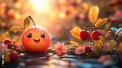 Logo design showcasing a lively cherry character with a playful smile, surrounded by bright leaves and colorful blossoms. The cute style and bright colors create a cheerful atmosphere, enhanced 