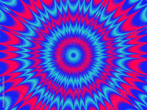 Optical illusion meets psychedelic art in a circular pattern with vibrant sun rays, detailed through geometric linework, creating a mesmerizing and surreal vector illustration of dazzling creativity.