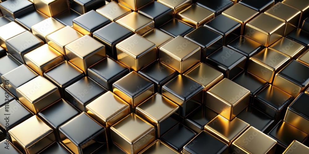 Glossy black and gold cubes arranged in stunning pattern, luxurious, elegant, geometric, abstract, design,shiny Glossy black and gold cubes arranged in stunning pattern, luxurious, elegant, geometric, abstract, design,shiny