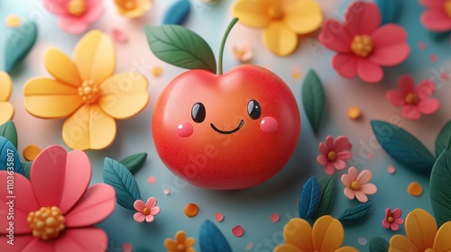 Logo design showcasing a lively cherry character with a playful smile, surrounded by bright leaves and colorful blossoms. The cute style and bright colors create a cheerful atmosphere, enhanced 