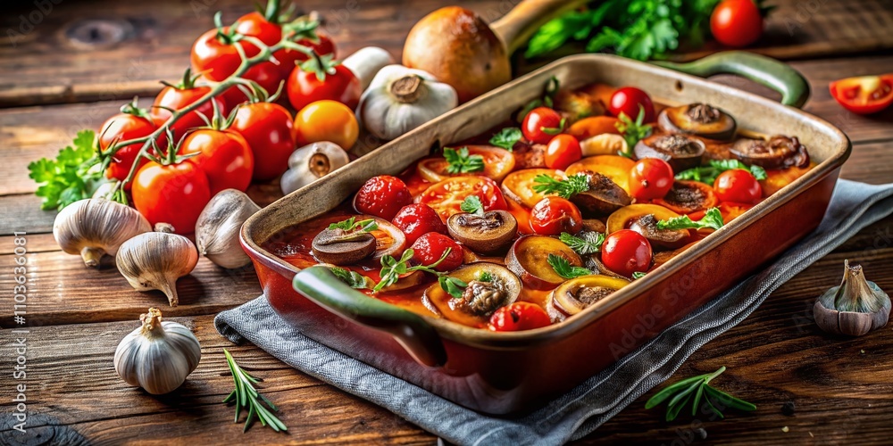 Hearty Mushroom and Tomato Bake in a Pan, Perfect for Veggie Lovers, Showcasing a Delicious Meal with Copy Space for Recipe or Product Promotion Hearty Mushroom and Tomato Bake in a Pan, Perfect for Veggie Lovers, Showcasing a Delicious Meal with Copy Space for Recipe or Product Promotion