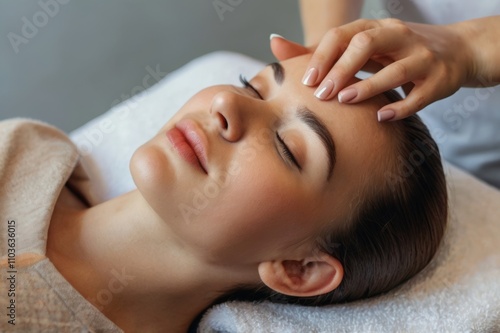 face massage by two hands in cosmetician saloon, young caucasian brunette woman, close up view, peaceful, slightly smiling face with closed eyes photo