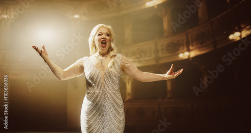 Female Opera Vocalist Performing in a Traditional Concert Hall, Singing an Emotional Improvisation. Her Voice Holding the Excited Audience Spellbound