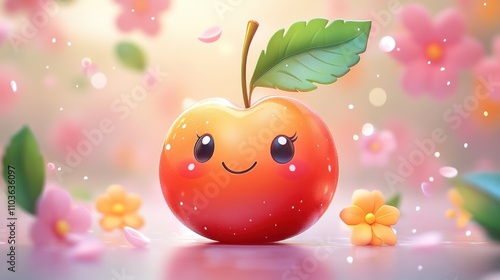 Logo design showcasing a lively cherry character with a playful smile, surrounded by bright leaves and colorful blossoms. The cute style and bright colors create a cheerful atmosphere, enhanced 