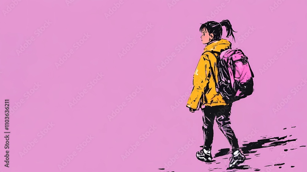 Obraz premium Children with backpacks walking outdoors, enjoying nature and adventure, perfect for educational or travel-related themes in stock photography