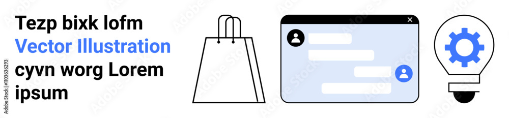 Shopping bag, chat window with user icons and messages, and lightbulb with gear icon. Ideal for e-commerce, customer service, innovation, communication, technology, business solutions online Shopping bag, chat window with user icons and messages, and lightbulb with gear icon. Ideal for e-commerce, customer service, innovation, communication, technology, business solutions online