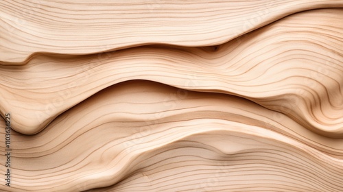 Abstract wooden texture with smooth, flowing wave-like patterns in light beige and brown tones, resembling natural wood grain or sand dunes in close-up view.