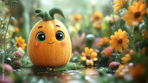 Logo design showcasing a lively zucchini character with big eyes and a cheerful grin, surrounded by colorful garden elements and playful flowers. The cute style and bright colors create a delightful 