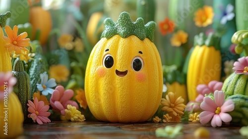 Logo design showcasing a lively zucchini character with big eyes and a cheerful grin, surrounded by colorful garden elements and playful flowers. The cute style and bright colors create a delightful 