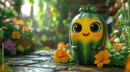 Logo design showcasing a lively zucchini character with big eyes and a cheerful grin, surrounded by colorful garden elements and playful flowers. The cute style and bright colors create a delightful 