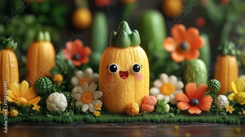 Logo design showcasing a lively zucchini character with big eyes and a cheerful grin, surrounded by colorful garden elements and playful flowers. The cute style and bright colors create a delightful 