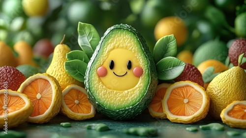 Logo design showcasing a playful avocado character with a big smile, surrounded by colorful fruit slices and vibrant greenery. The cute style and bright colors create a fun atmosphere, enhanced 