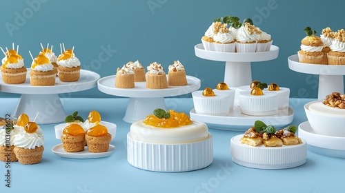 A variety of elegant desserts displayed on white stands against a blue background.