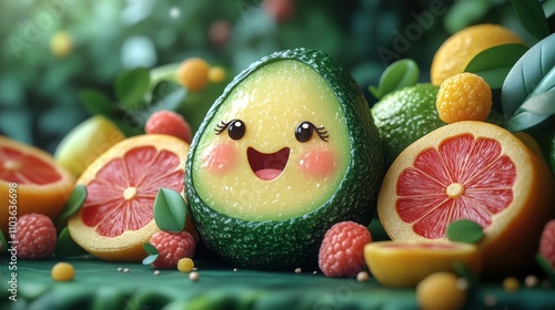 Logo design showcasing a playful avocado character with a big smile, surrounded by colorful fruit slices and vibrant greenery. The cute style and bright colors create a fun atmosphere, enhanced 
