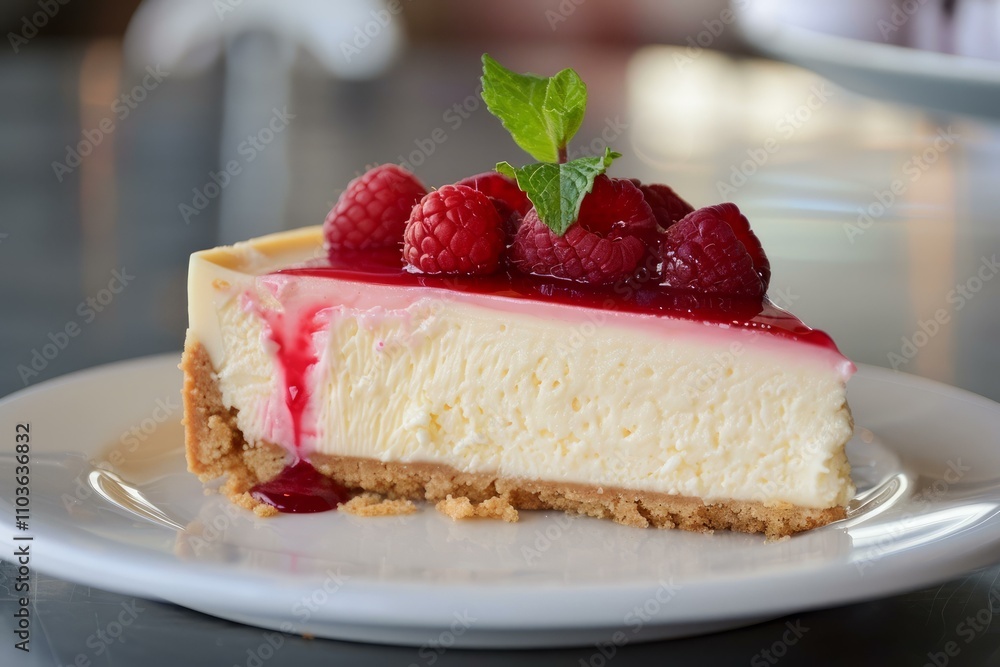 Delicious cheesecake with raspberries and mint on white plate Delicious cheesecake with raspberries and mint on white plate